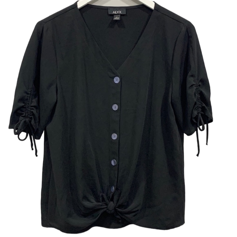 ALYX Black Short Sleeve Ties V Neck Button Down Front Tie Top Blouse Size Small